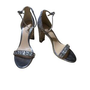 Jewel Badgley Mischka Womens Silver Ankle Strap Shoes 8.5 Medium Block Heel